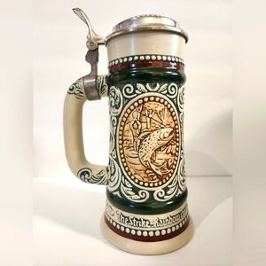 1978 Avon Lidded Ceramic Beer Stein Point English Setter Strike Rainbow Trout